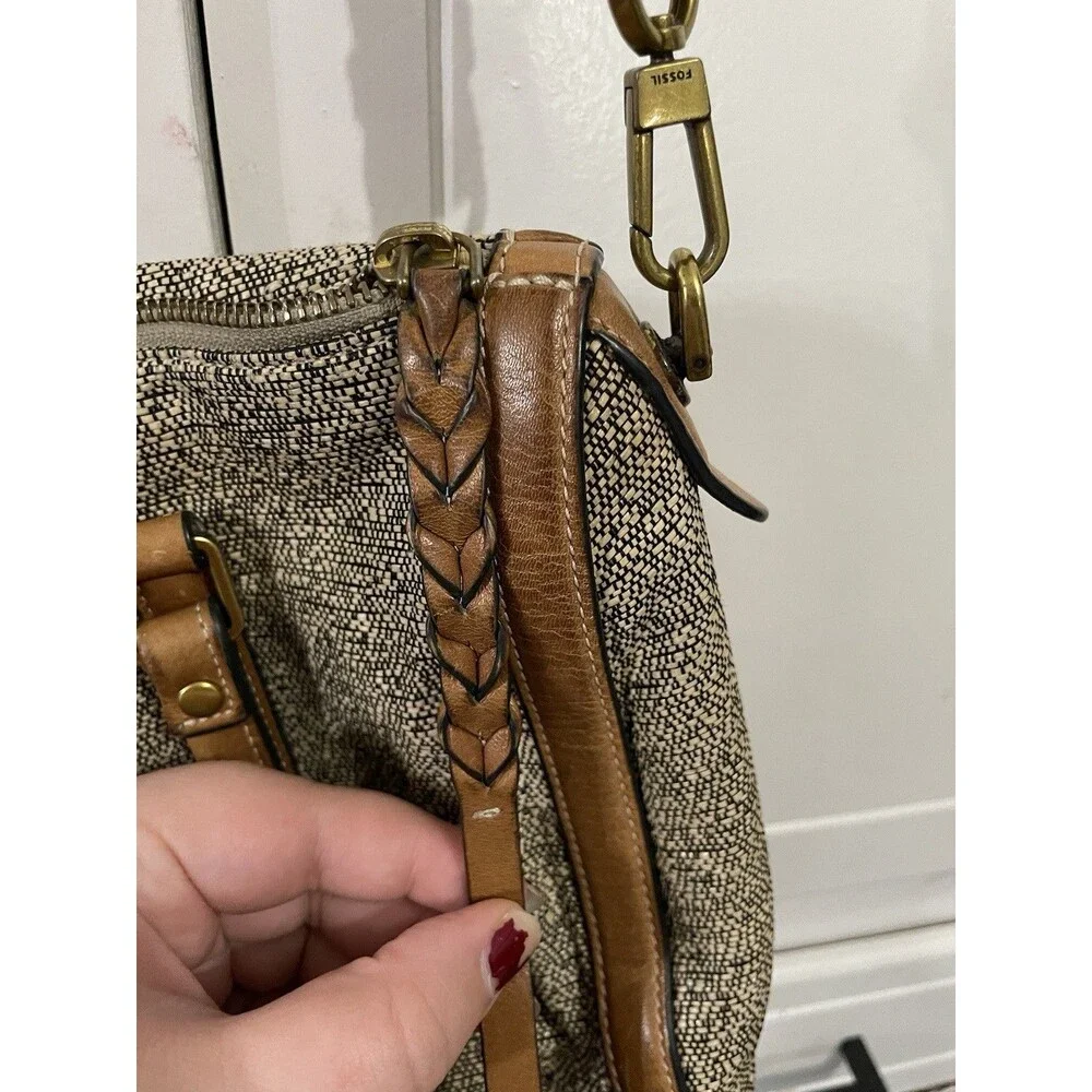 Fossil Kendal Satchel with Cross Body Strap Leather Trim Purse Handbag